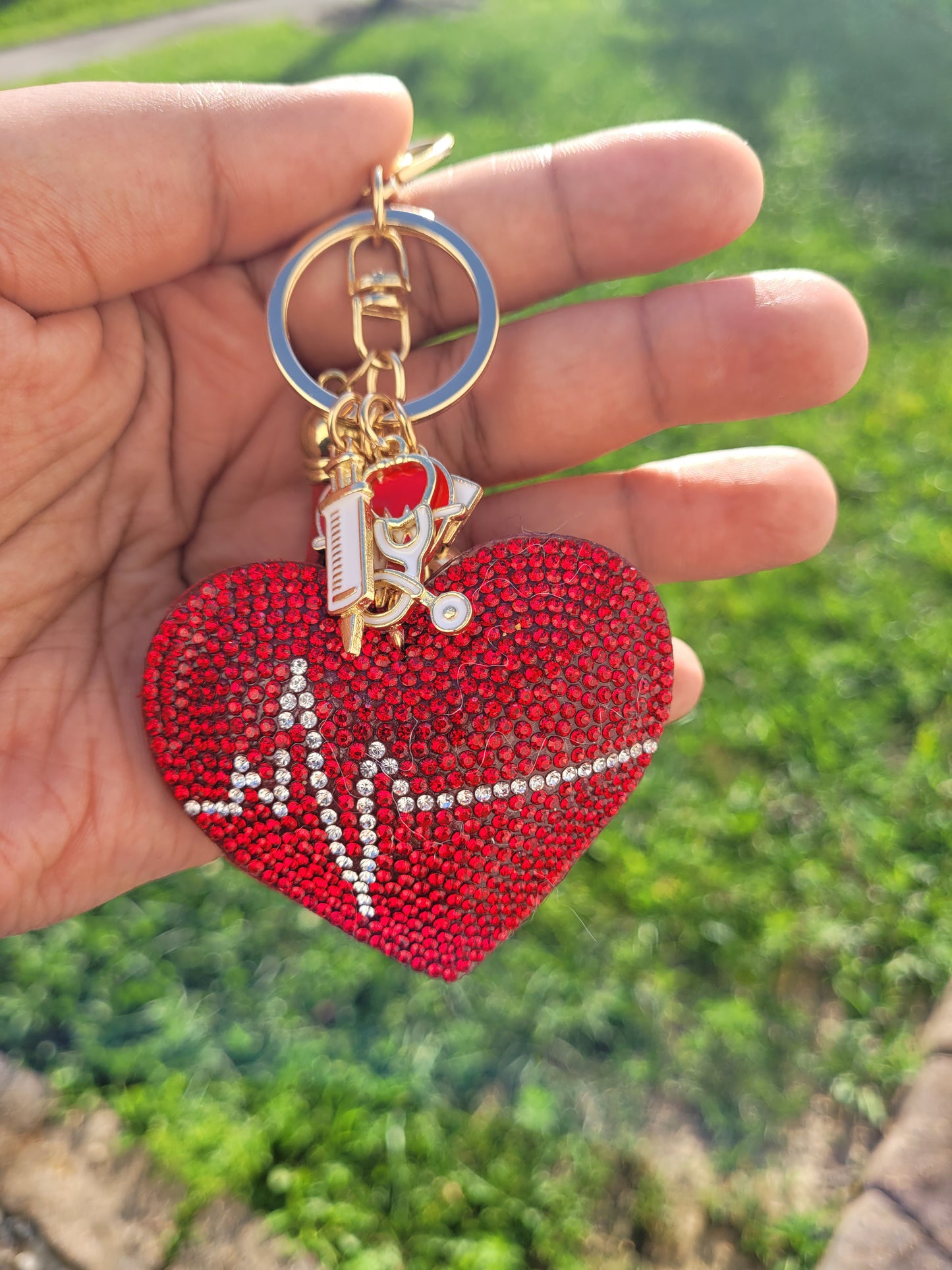 Rhinestone Heart & Pom Pom Keychain