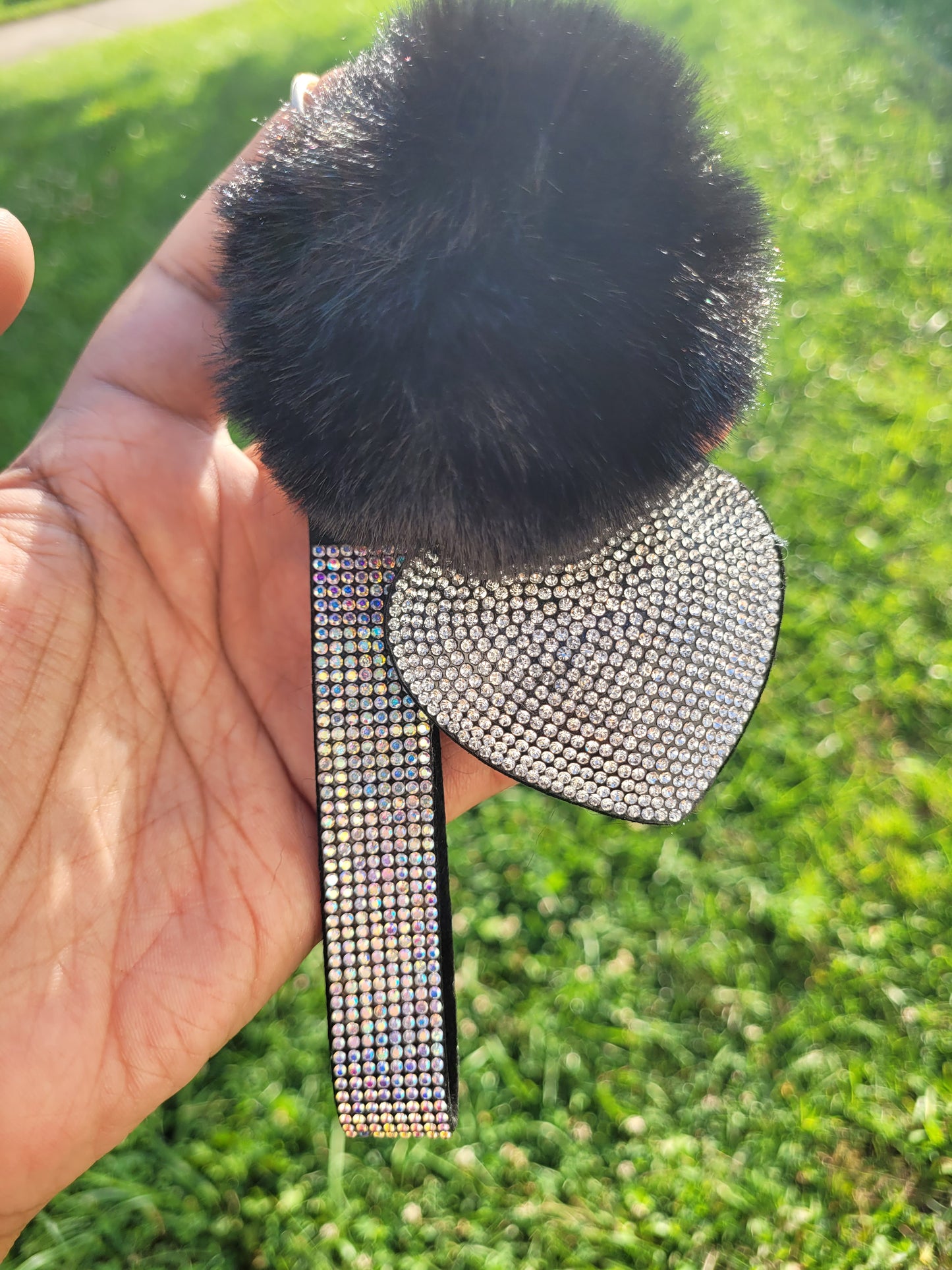 Rhinestone Heart & Pom Pom Keychain